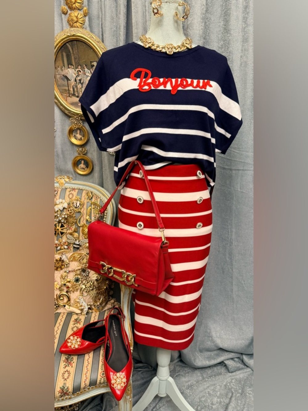 Striped Red and White Skirt with Blouse and Jewelry